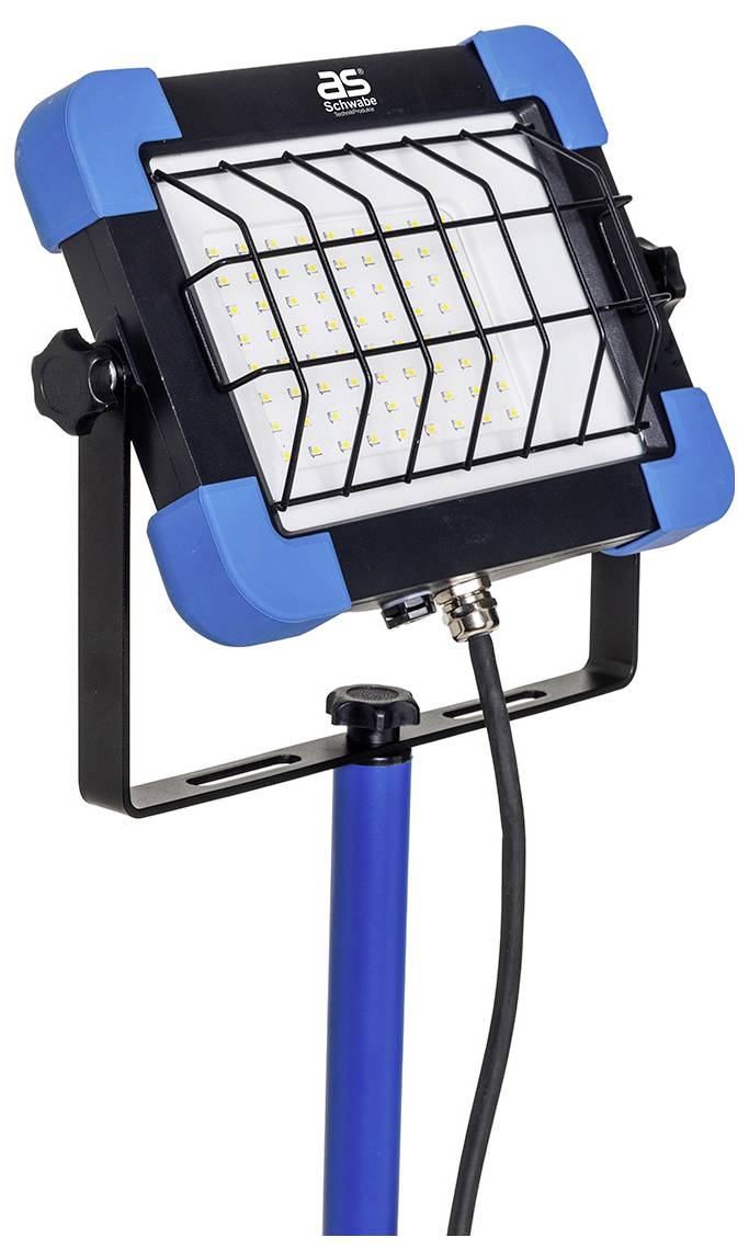 Ein blau und schwarz gefärbter LED-Flutlichtstrahler auf einem verstellbaren Ständer montiert, mit einem Gitterabdeckung ausgestattet und durch ein Kabel darunter angeschlossen.