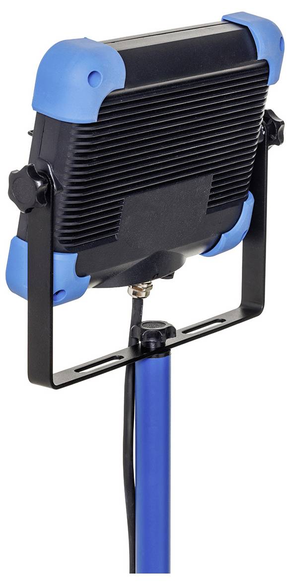 „Blauschwarze LED-Arbeitsleuchte auf einem verstellbaren Ständer, von hinten betrachtet.