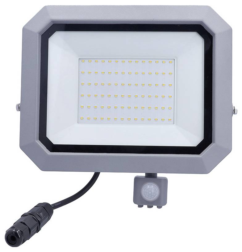 Ein rechteckiges LED-Flutlicht mit zahlreichen kleinen Glühbirnen, ein zylindrischer Bewegungsmelder darunter und ein Stromverbindungskabel, das von diesem herabhängt.