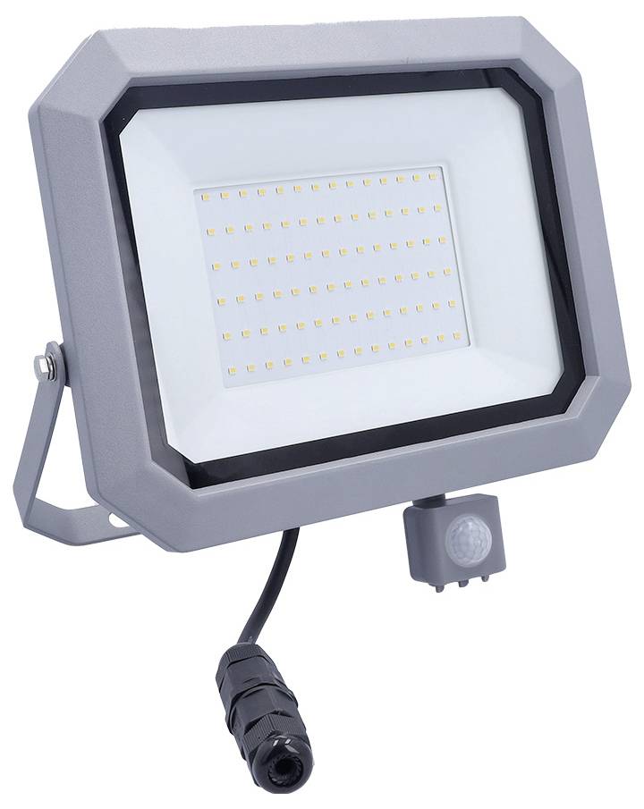 Ein rechteckiges LED-Flutlicht mit grauem Rahmen und mehreren LED-Lampen, mit einem Bewegungsmelder an der Unterseite und einem Stromkabel.