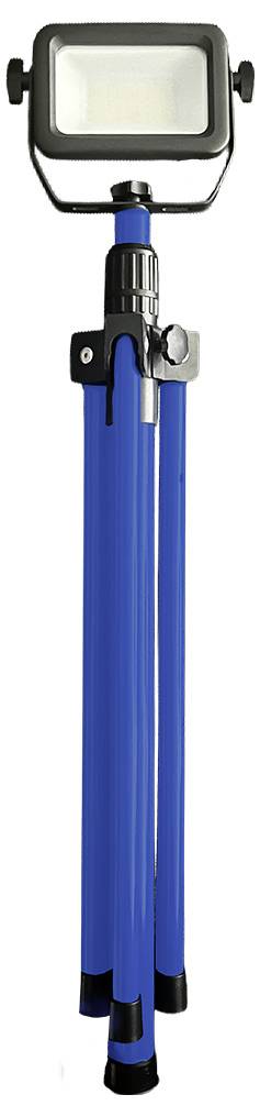 Ein kompaktes tragbares LED-Flutlicht mit einem blauen faltbaren Stativ, entworfen für einfachen Transport und Außeneinsatz.