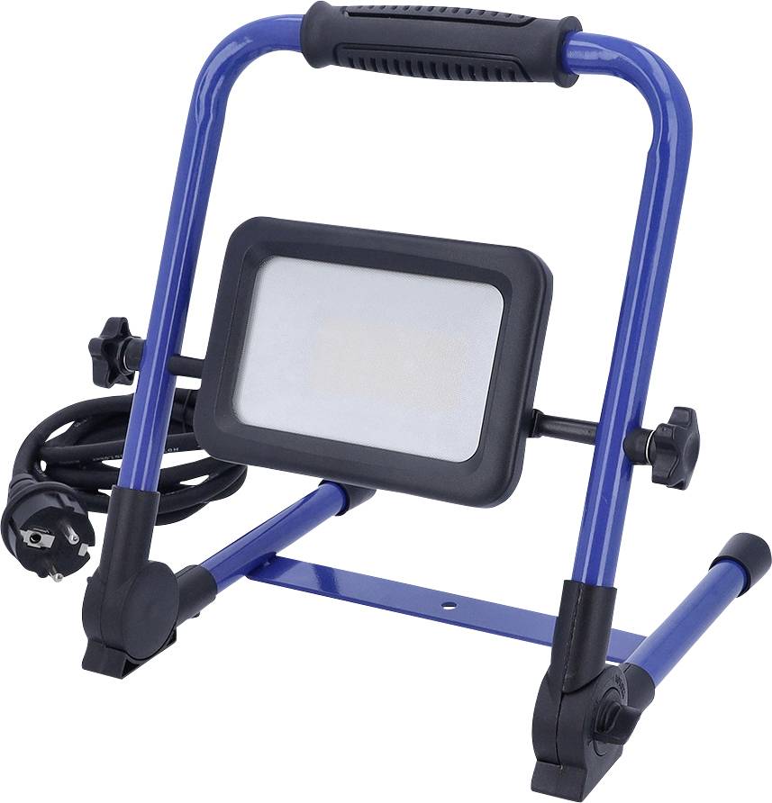 Eine tragbare blaue LED-Arbeitsleuchte mit schwarzem Griff, verstellbarem Ständer und Stromkabel, entwickelt für Werkstätten oder Baustellen.