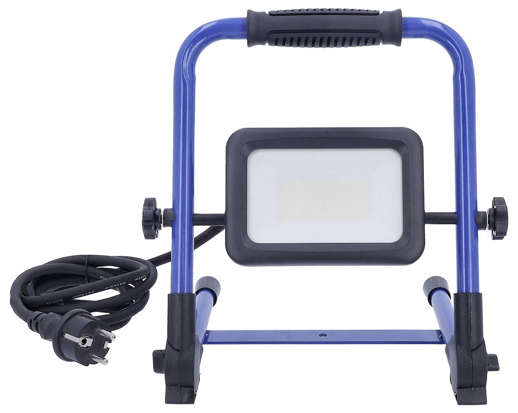 Eine tragbare LED-Arbeitsleuchte mit blauem Ständer und schwarzem Stromkabel, geeignet für helle Ausleuchtung in Arbeitsbereichen.