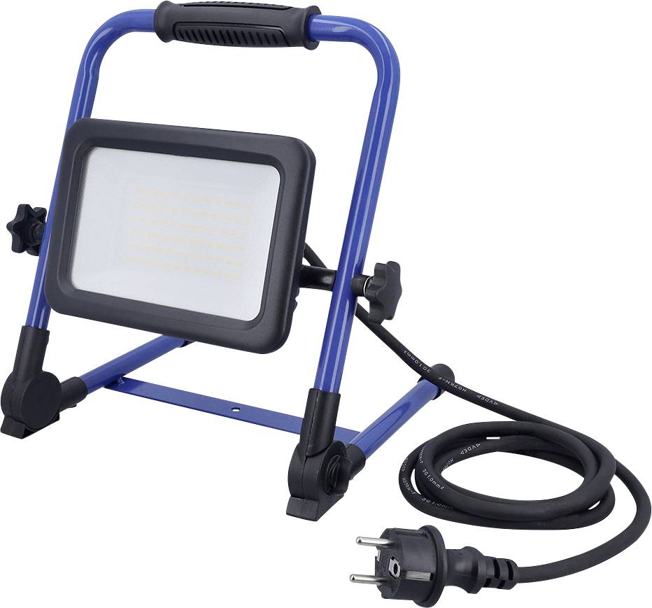 Eine blaue LED-Arbeitsleuchte mit Ständer und Stromkabel. Das Gestell ist verstellbar zur Lichtlenkung und eignet sich für Werkstätten oder den Außenbereich.