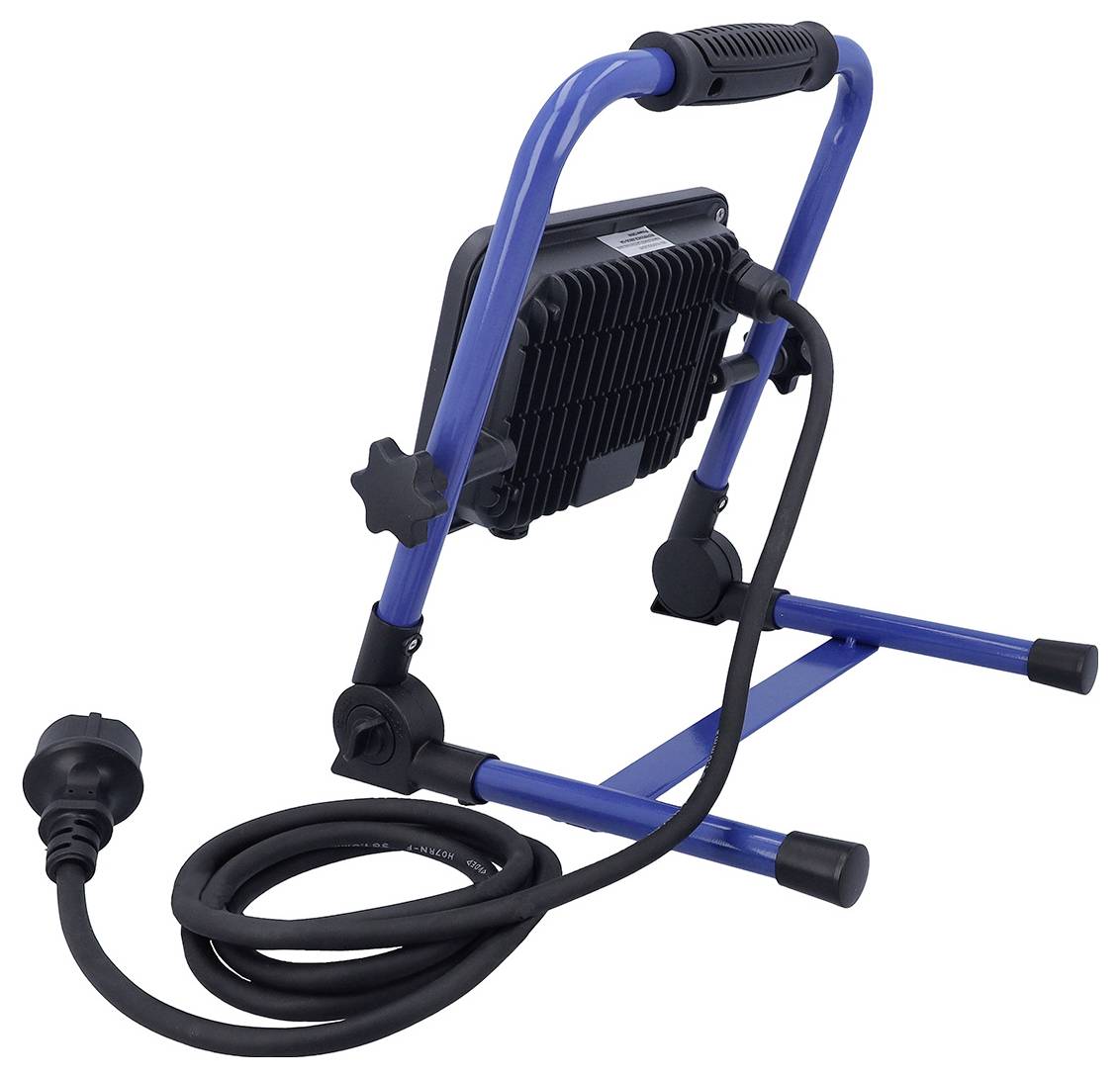 Tragbare Arbeitsleuchte mit robustem blauem Rahmen und langem angebrachtem Stromkabel, konzipiert für vielseitige Verwendung und einfache Positionierung.