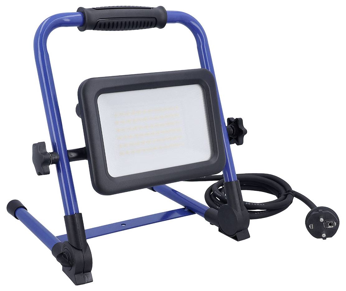 Ein tragbares blaues LED-Arbeitslicht auf einem Stativ mit angekoppeltem Stromkabel, geeignet für verschiedene Innen- und Außenbeleuchtungsaufgaben.