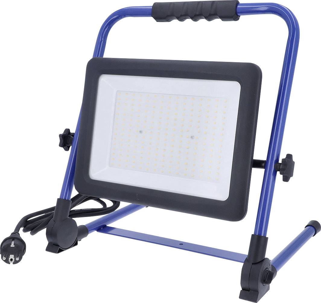 Eine tragbare blaue LED-Arbeitsleuchte mit Schutzgehäuse, schwarzem Griff und verstellbarem Ständer. Sie hat ein Stromkabel mit Stecker zur Stromversorgung.