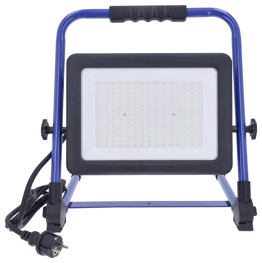 Eine tragbare LED-Arbeitsleuchte mit blauem Ständer und schwarzem Rahmen, mit zahlreichen kleinen LED-Lichtern und einem Stromkabel mit angebrachtem Stecker.