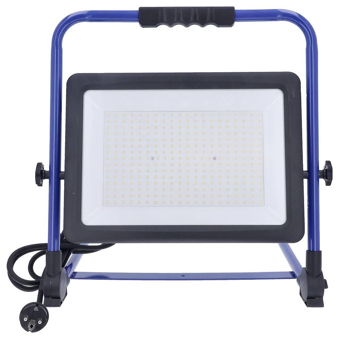 Tragbare LED-Arbeitsleuchte mit blauem Rahmen und schwarzem Griff, ausgestattet mit einem flachen, rechteckigen Lichtpanel mit zahlreichen kleinen LED-Lampen.