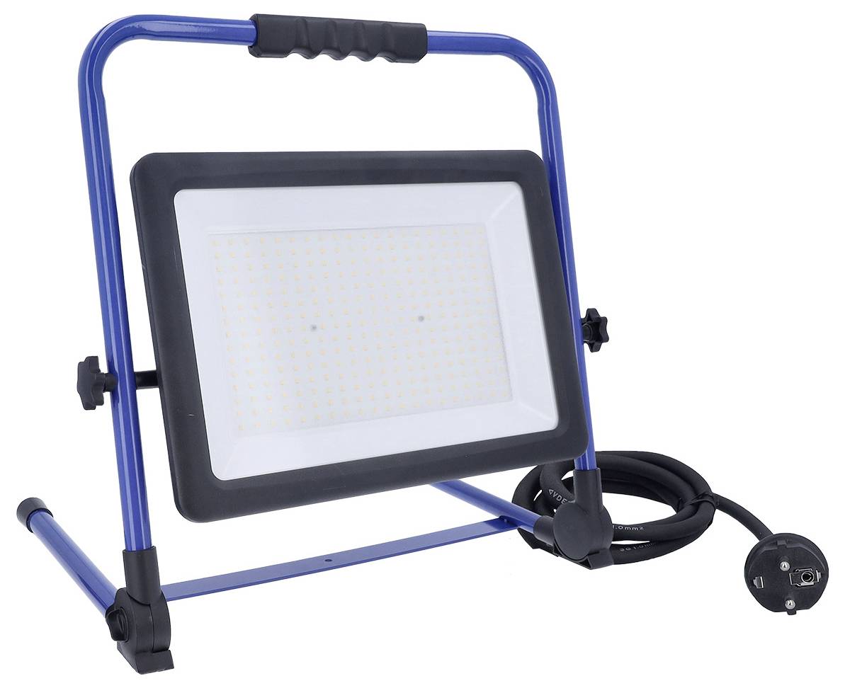 Tragbare LED-Flutlichtleuchte mit blauem Ständer und schwarzem Griff, ausgestattet mit angeschlossenem schwarzem Stromkabel.