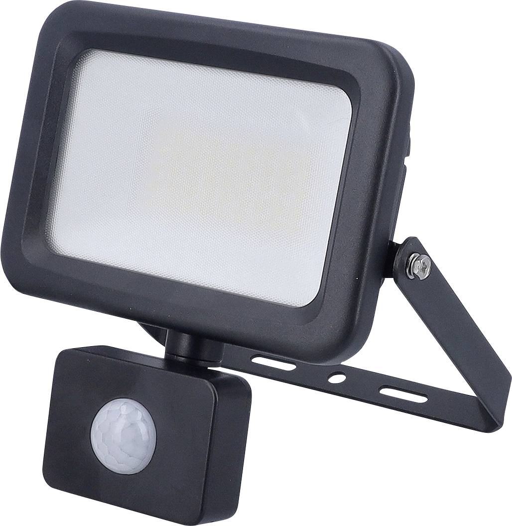 Ein schwarzes Außen-LED-Flutlicht mit Bewegungsmelder, entwickelt zur Sicherheitsbeleuchtung.
