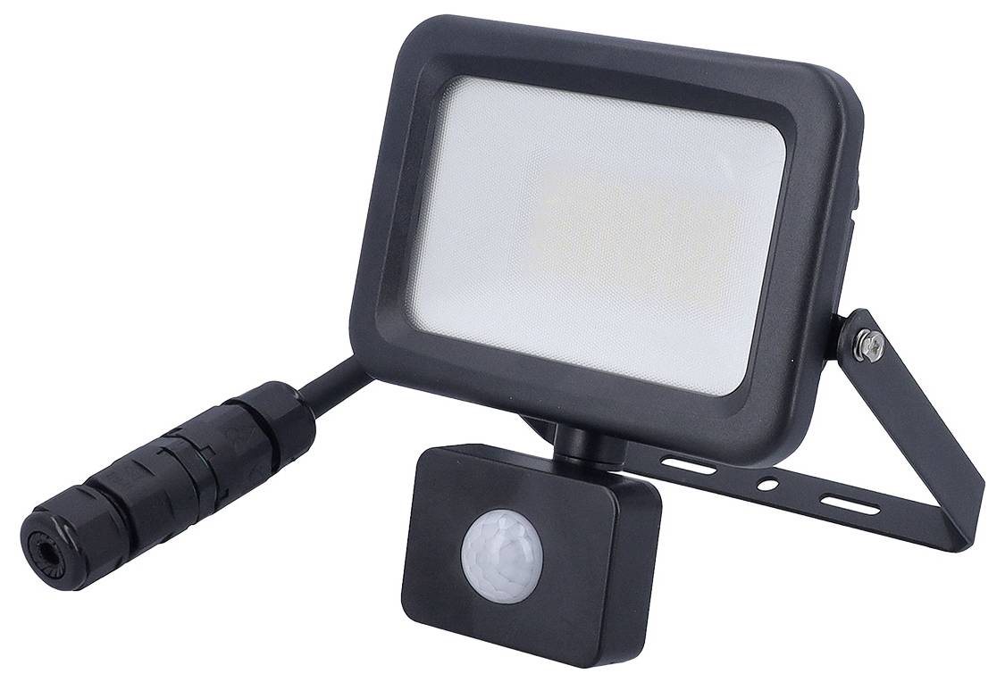 LED-Flutlicht mit Bewegungsmelder, auf einer verstellbaren Halterung montiert.