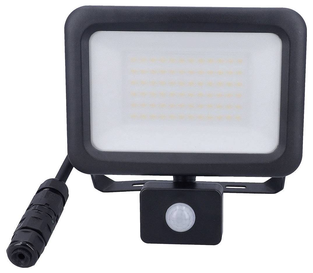 Ein LED-Flutlicht mit rechteckiger Form und Bewegungsmelder, mit flachem Design und einem Stromkabel auf der Rückseite.
