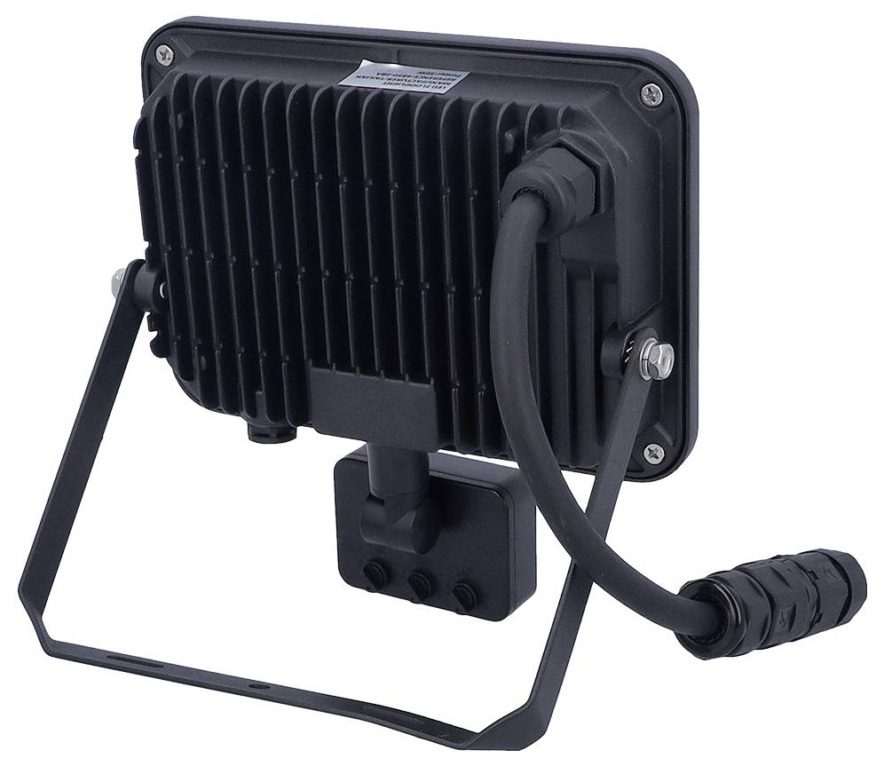 Eine rechteckige schwarze Industrieleuchte mit gerippter Rückseite, montiert auf einer verstellbaren Halterung. Ein dickes Kabel erstreckt sich von der Seite.