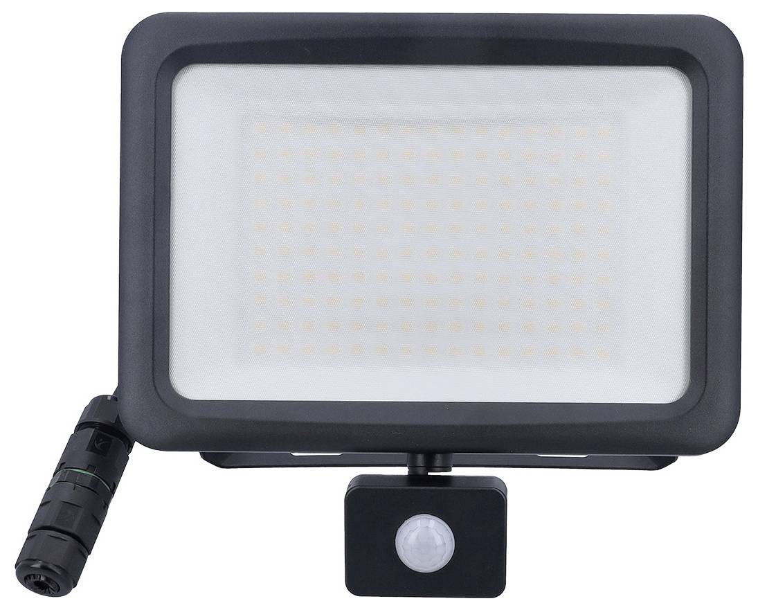 Ein rechteckiger LED-Flutlichtstrahler mit schwarzem Rahmen und integriertem Bewegungsmelder. Ein Kabelstecker ist auf der Seite sichtbar.