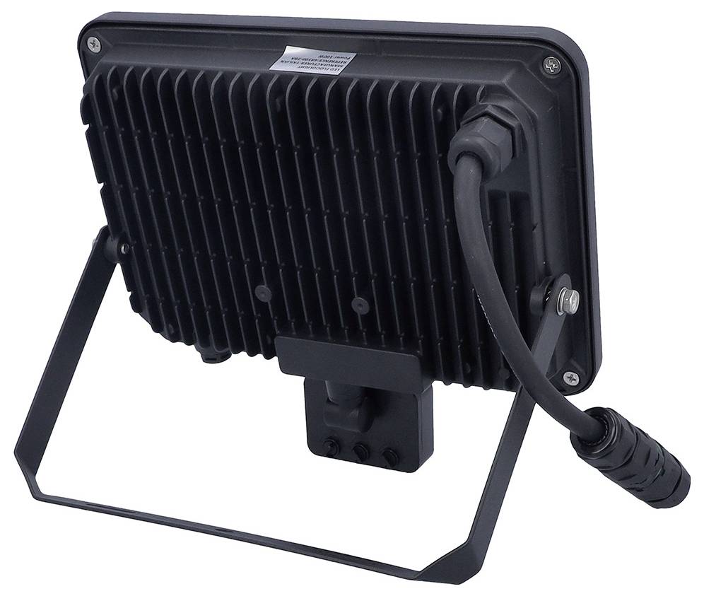 Rückansicht eines rechteckigen LED-Flutlichts mit geripptem Design und einer montierten Halterung, die ein an der Seite angeschlossenes Stromkabel zeigt.