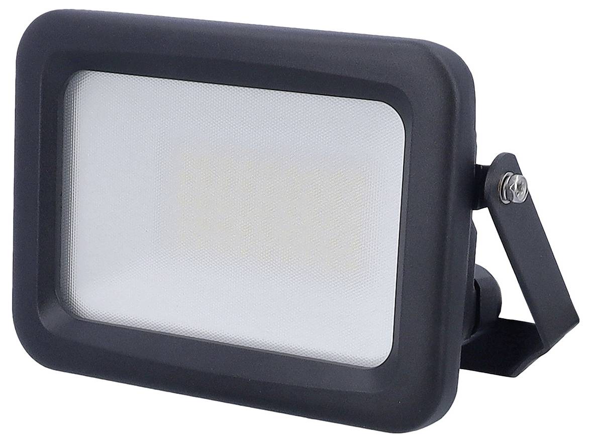 Ein rechteckiges LED-Flutlicht mit schwarzem Rahmen und einer Montageklammer, entworfen für die Außenbeleuchtung.