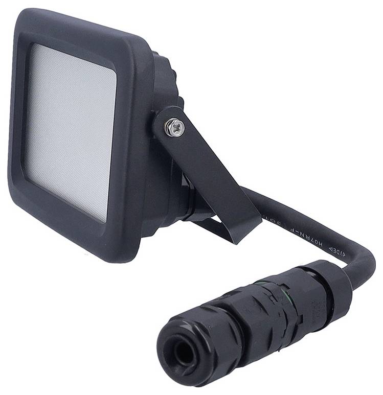 Ein schwarzer LED-Flutlichtstrahler mit angeschlossenem Kabel, mit quadratischem Design und verstellbarer Montageklammer für den Außeneinsatz.