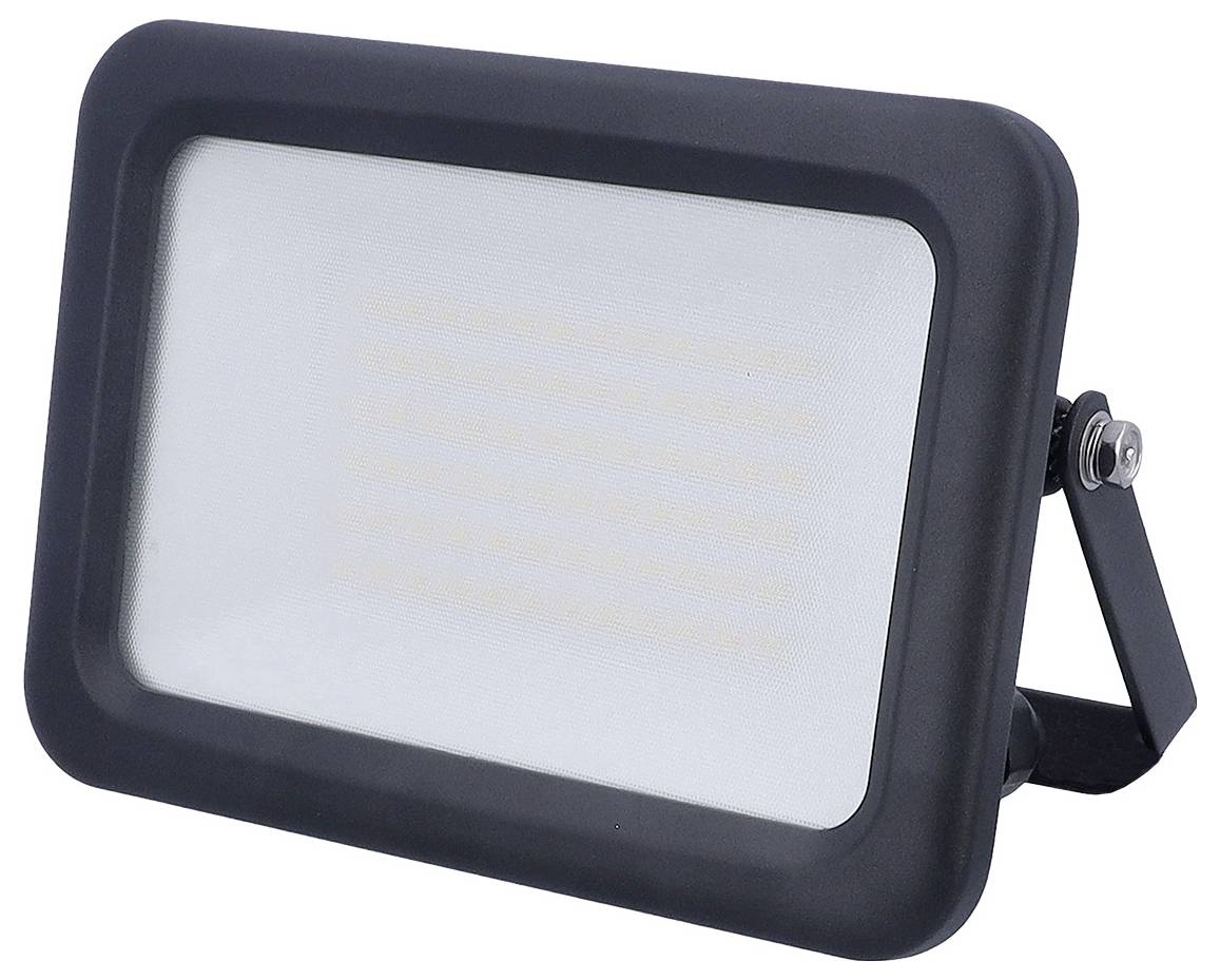Schwarzer rechteckiger LED-Flutlicht mit Ständer, mit breiter, matter Linsenabdeckung, geeignet für Außenbeleuchtung.