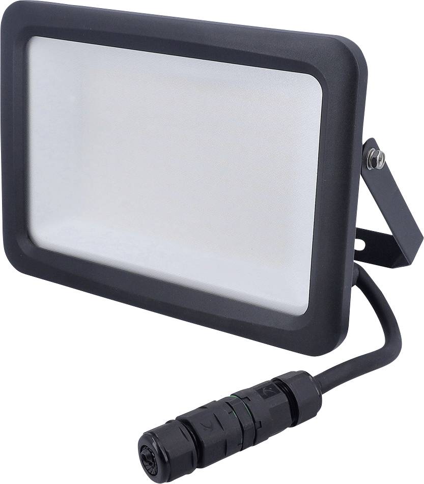 Ein schwarzer LED-Flutlichtstrahler mit rechteckigem Rahmen, auf einer verstellbaren Halterung montiert, verbunden durch ein Kabel mit einem Stromstecker.