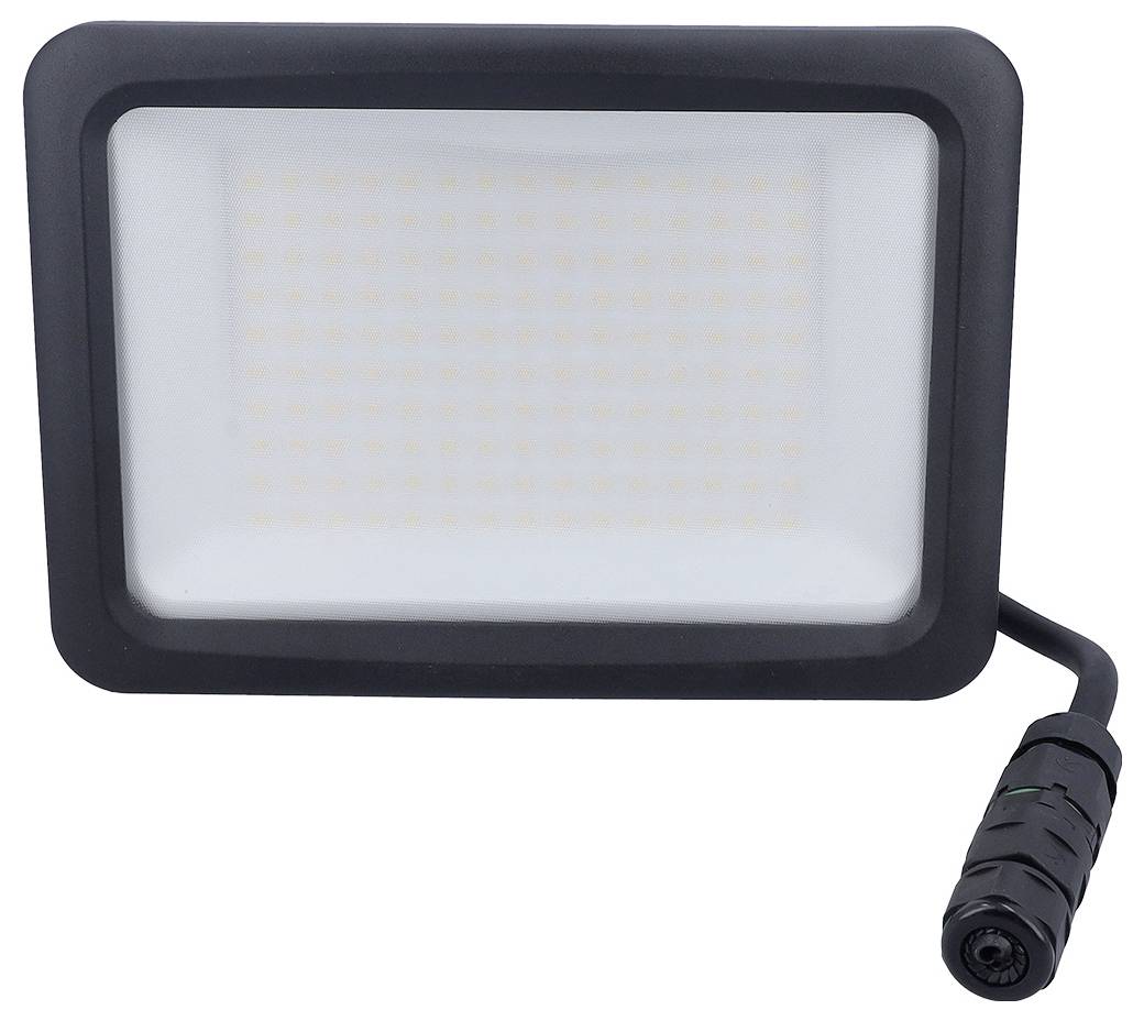 Ein rechteckiges LED-Flutlicht mit schwarzem Rahmen und mattierter Abdeckung, verbunden mit einem schwarzen Kabel mit rundem Stecker am Ende.