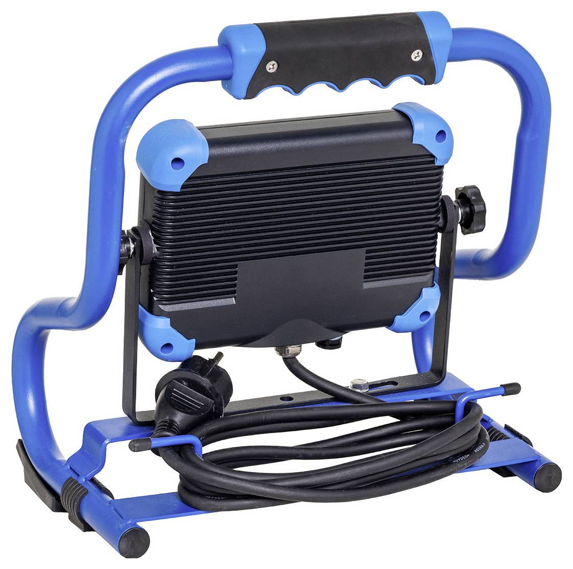 Eine tragbare blau-schwarze LED-Arbeitsleuchte mit Griff und aufgewickeltem Stromkabel, das auf seiner Basis ruht, konzipiert für vielseitige Beleuchtungsbedürfnisse.