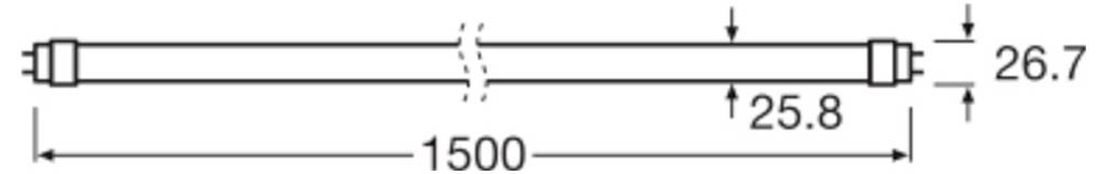 Diagramm einer linearen Leuchtstofflampe mit Abmessungen: Länge 1500 mm, Durchmesser 26,7 mm und Endkappebreich 25,8 mm.