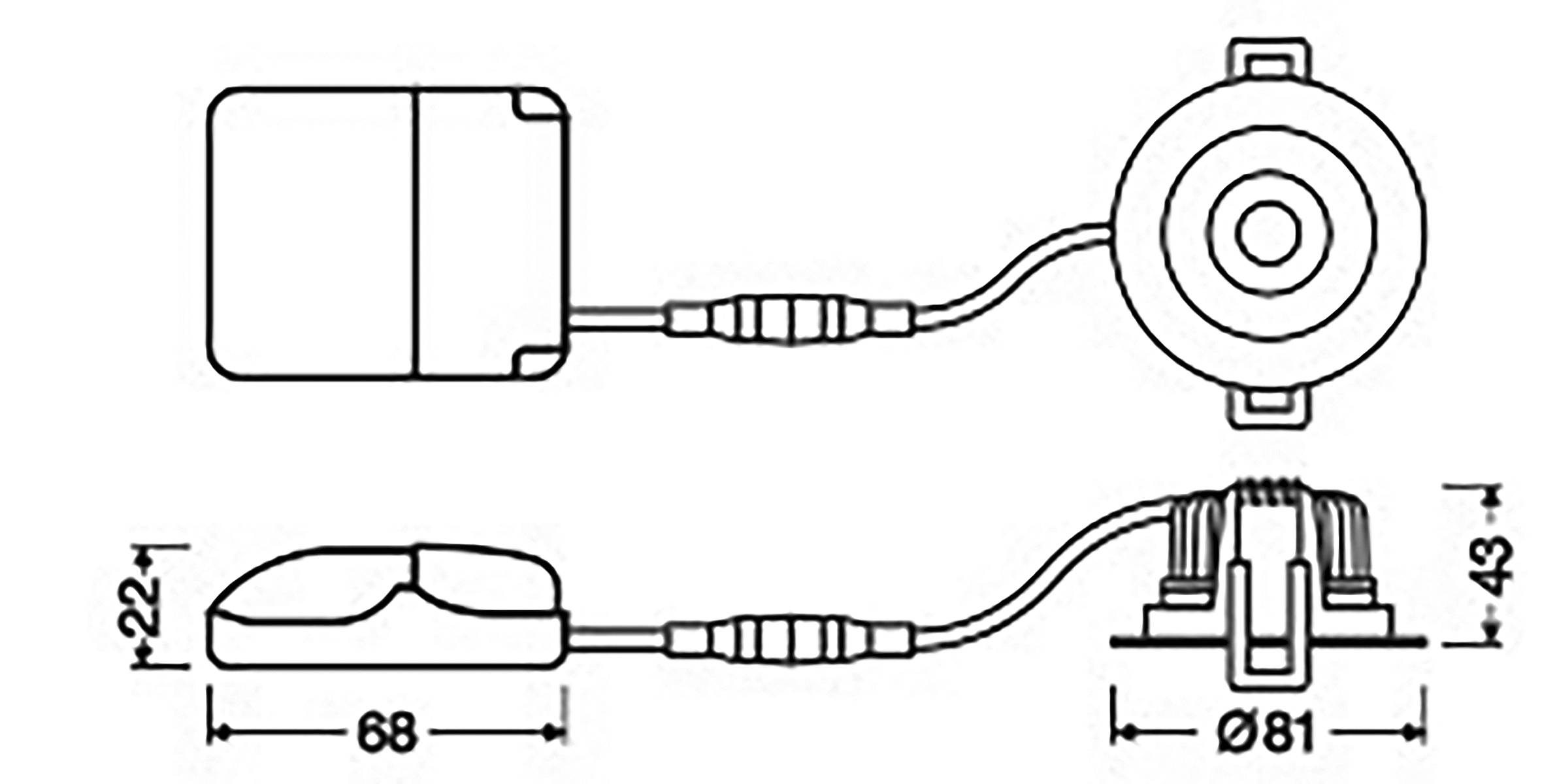 Technisches Schaltbild einer LED-Einbauleuchte mit Abmessungen: 68 mm Breite, 22 mm Höhe und 81 mm Durchmesser. Enthält Verbindungsdetails.