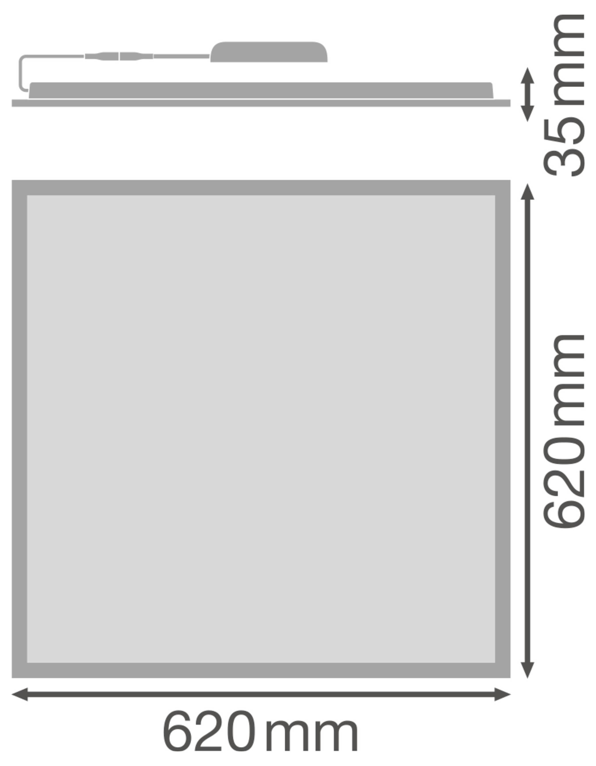 Quadratisches elektronisches Gerät mit Abmessungen von 620 mm × 620 mm und einer Dicke von 35 mm. Die obere Kante verfügt über einen Stecker.