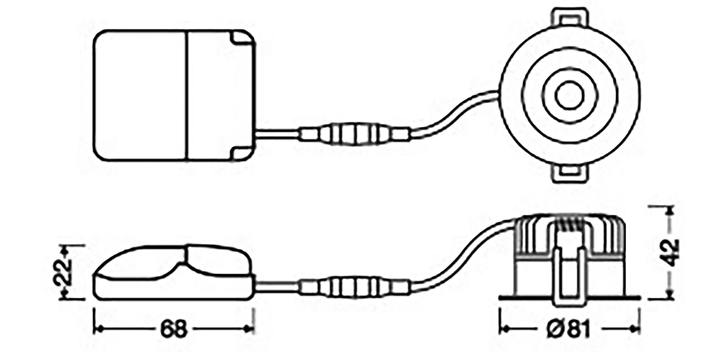 Linienzeichnung mit Abmessungen zweier verbundener elektronischer Komponenten. Draufsicht Länge 68 mm, Breite 81 mm. Seitenansicht Höhe 42 mm, Komponentenhöhe 22 mm.