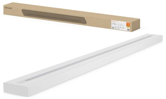 Ein weißes, rechteckiges Bewegungsmelder-LED-Licht mit einer Reihe von LEDs auf einer Oberfläche. Verpackungskarton mit Etikett im Hintergrund sichtbar.