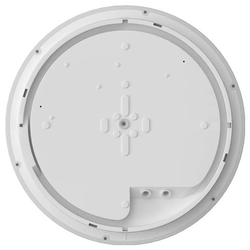 Runde weiße Montageplatte mit mehreren kleinen Löchern und Kerben, verwendet für elektrische Installationen oder Deckeninstallationen.