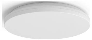 Eine runde, moderne, weiße Deckenleuchte, an einer weißen Decke montiert.