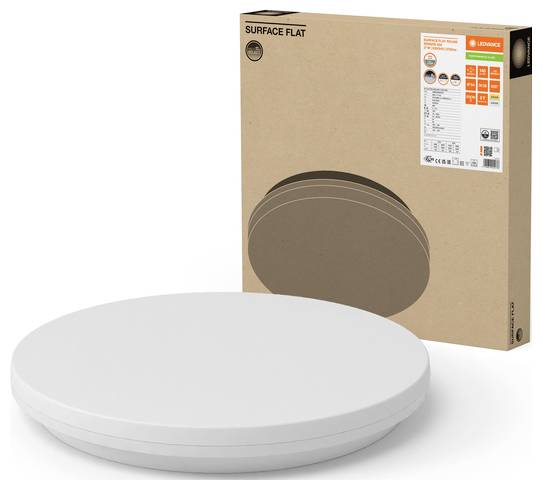 Runde weiße Deckenleuchte von Ledvance mit Verpackungskarton, auf dem die Produktdetails angezeigt werden.
