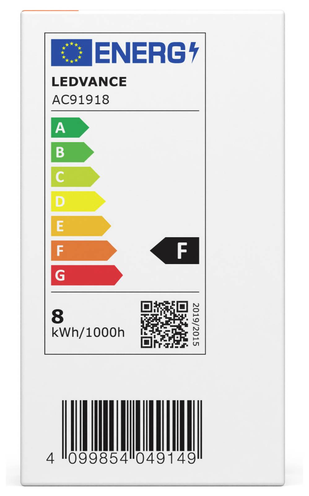 LEDVANCE-Glühbirnenpackung mit EU-Energielabel Klasse F, 8 kWh/1000h, mit Strichcode und Produktcode AC91918.