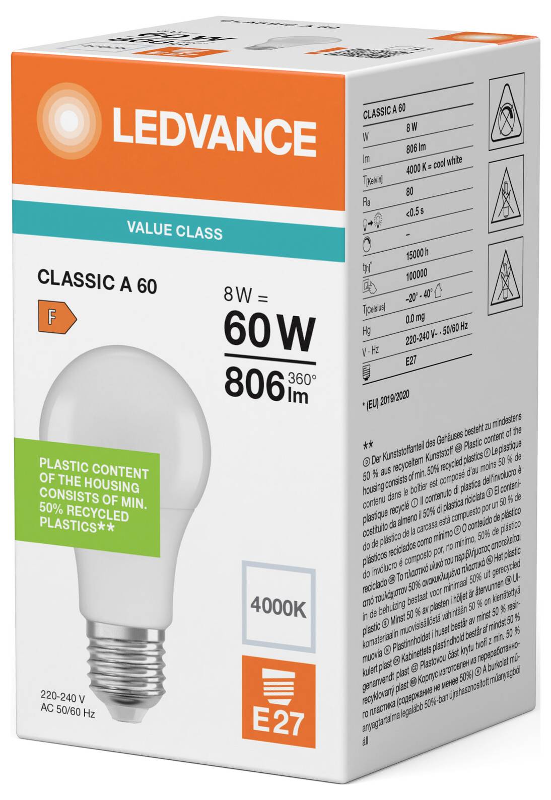 Karton LEDVANCE LED-Glühbirne, Classic A60, 8W, 806 lm, 4000K, E27-Fassung, mit Verpackung, die auf 50% recyceltes Kunststoff hinweist.