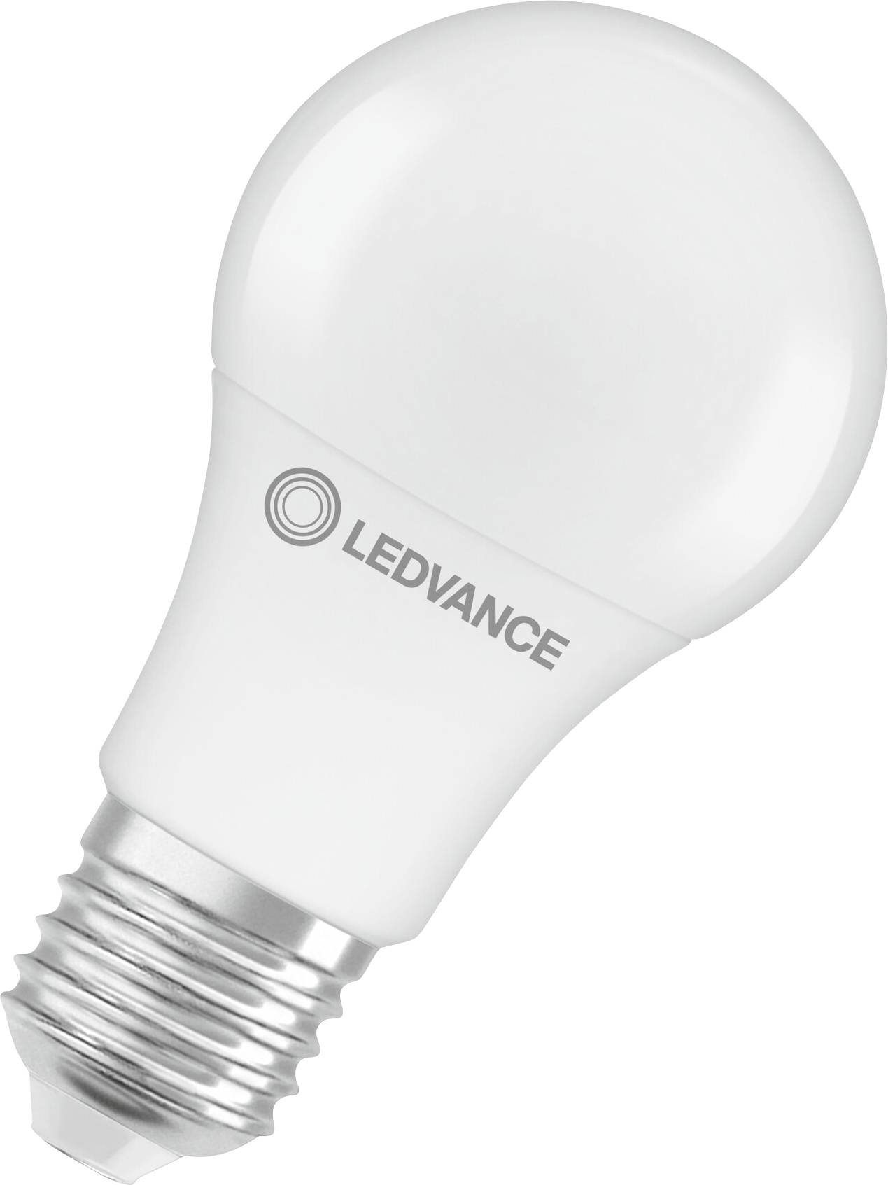 Eine weiße LED-Glühbirne mit metallischer Schraubfassung und dem Wort „LEDVANCE