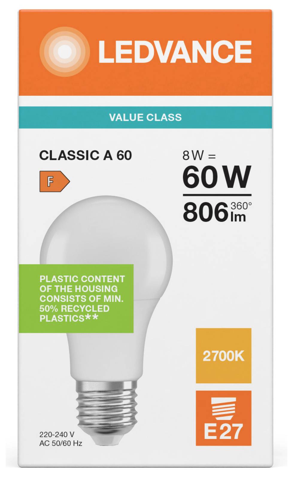 LEDVANCE Classic A 60 LED-Birne Verpackung, zeigt 8W entspricht 60W, 806 lm, 2700K, E27-Sockel und Gehäuse aus 50% recyceltem Kunststoff.