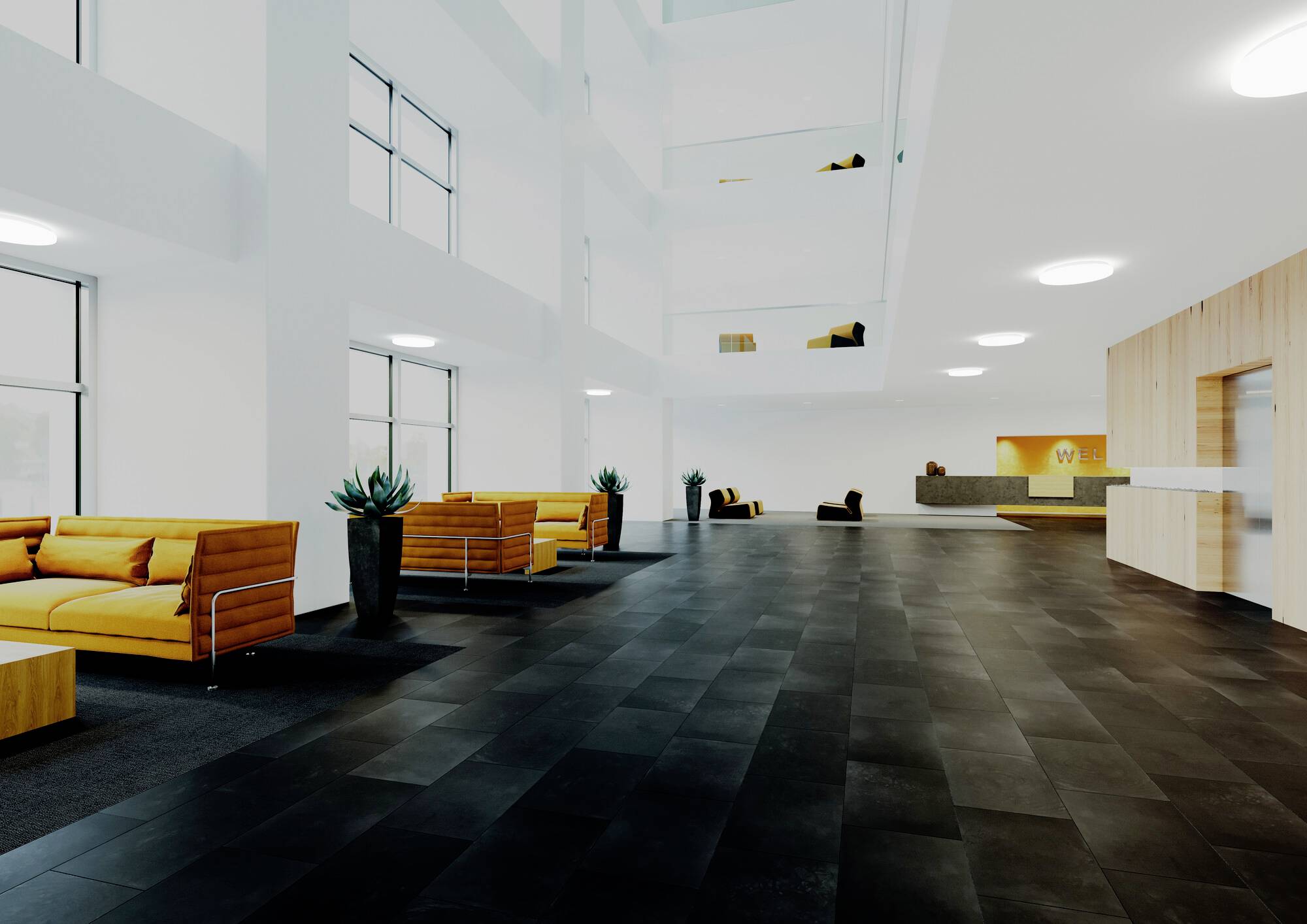 Eine geräumige, moderne Lobby mit großen Fenstern, schwarzen Fliesenböden, gelben Sofas, Pflanzen und einer Rezeption im hinteren Bereich.