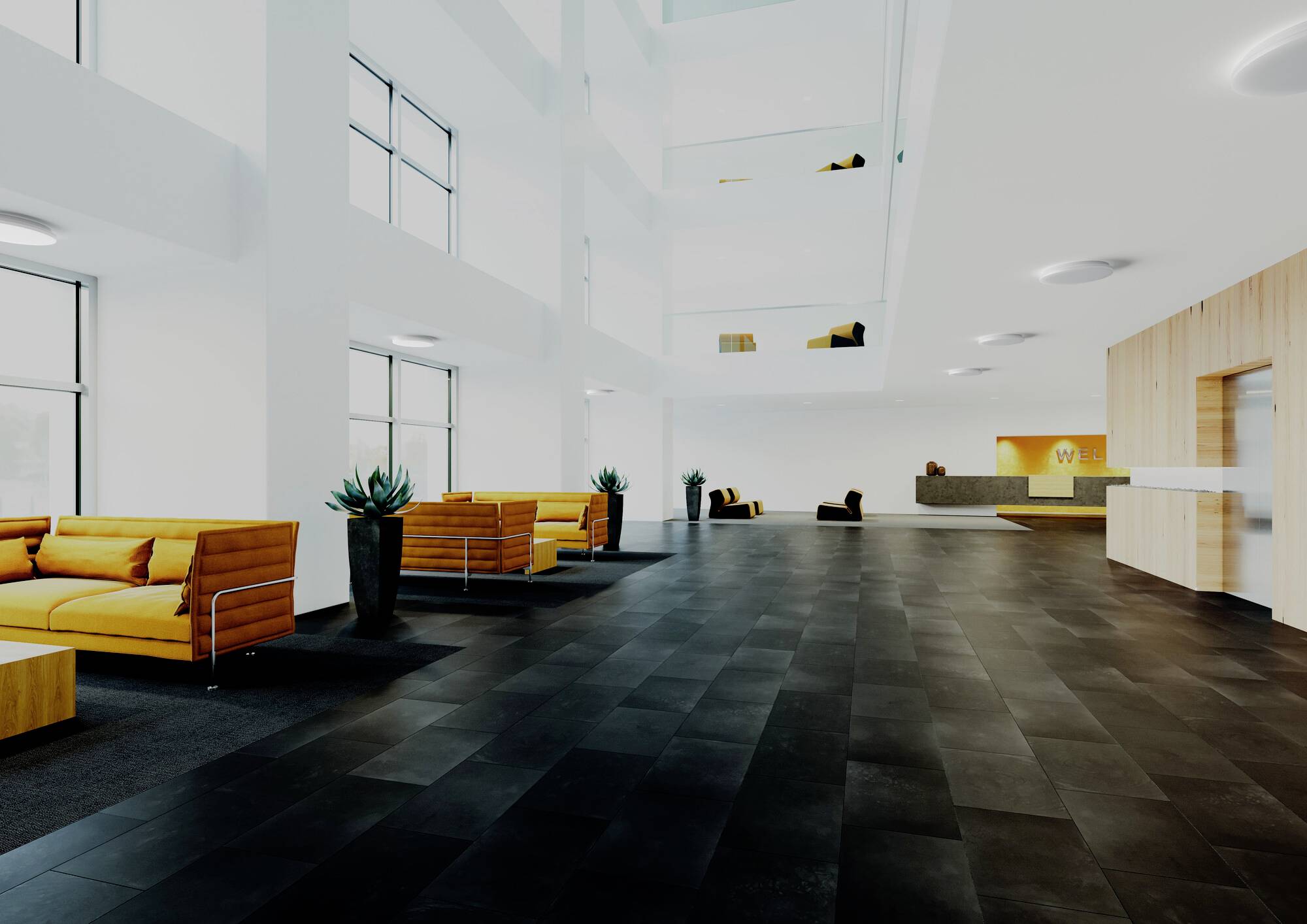 Eine moderne Bürolobby mit dunklen Fliesenböden, hellen Wänden und großen Fenstern. Orange Sofas und Pflanzen dekorieren den Raum. Rezeptionsschalter ist sichtbar.