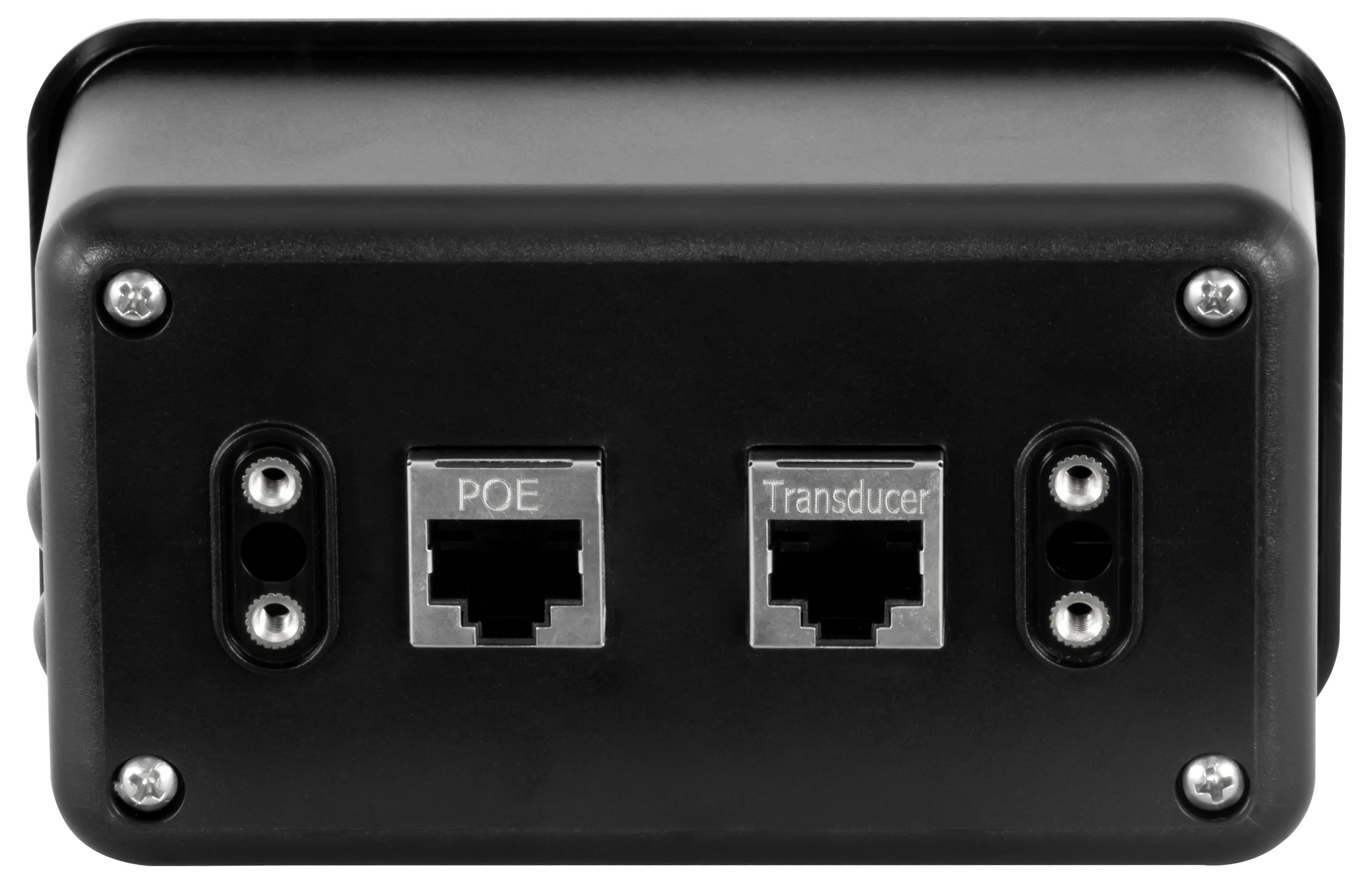 Schwarzes Elektronikgerät-Rückpanel mit zwei Anschlüssen mit den Bezeichnungen „POE