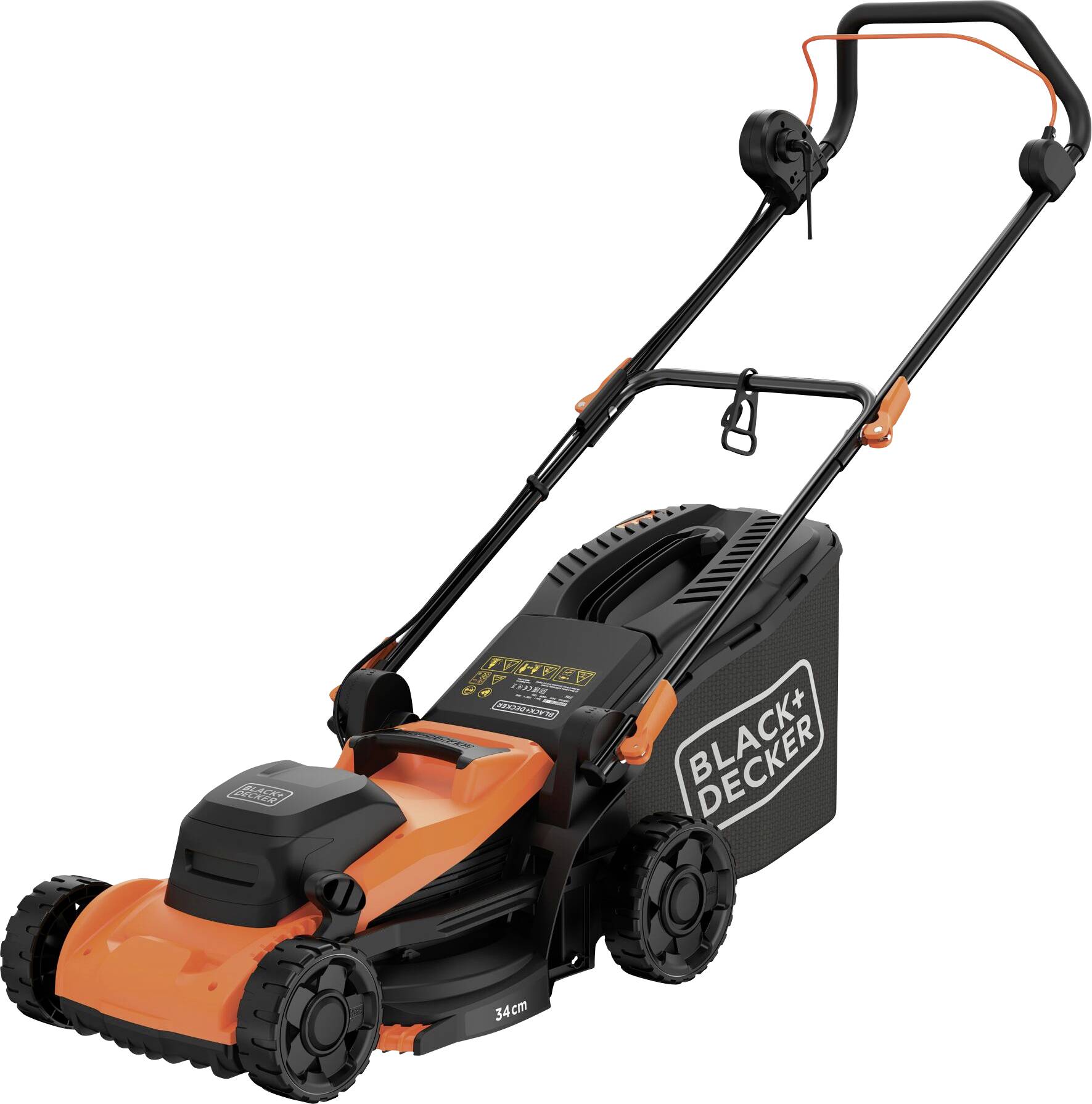 Ein orange-schwarzer Black+Decker Rasenmäher mit einer Schnittbreite von 34 cm, ausgestattet mit einem hinteren Fangkorb und ergonomischem Griff.