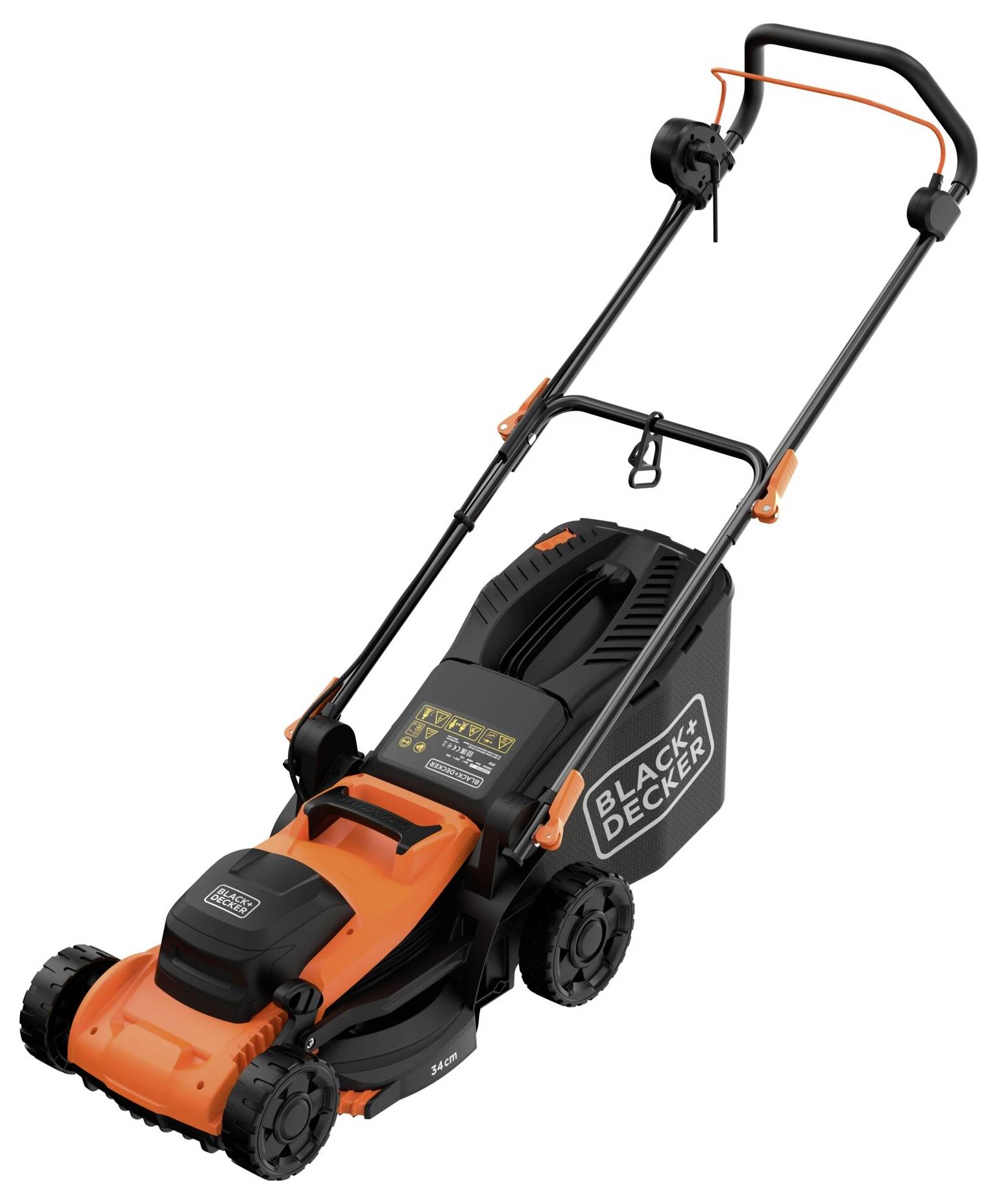 Ein Black+Decker Akku-Rasenmäher mit orangeschwarzer Gestaltung, ausgestattet mit wiederaufladbarem Akku, großen Rädern und verstellbarem Griff.