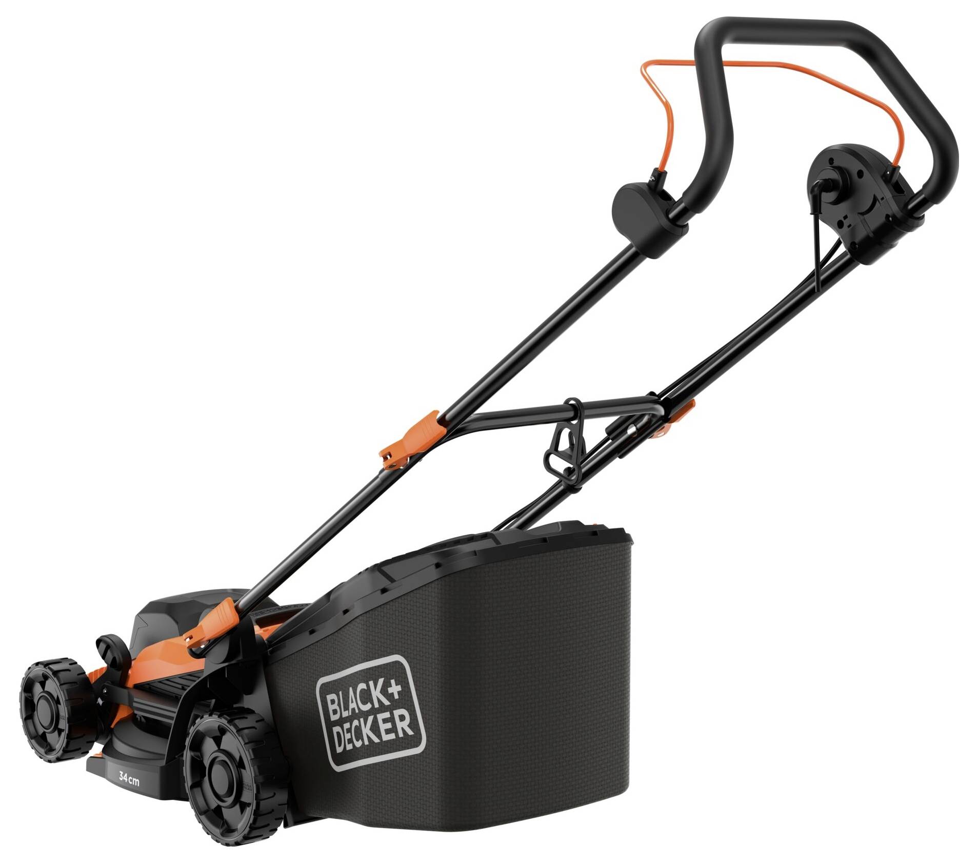 Ein schwarz-orangener Elektrorasenmäher mit angebrachtem Fangsack, konzipiert für effiziente Rasenpflege.
