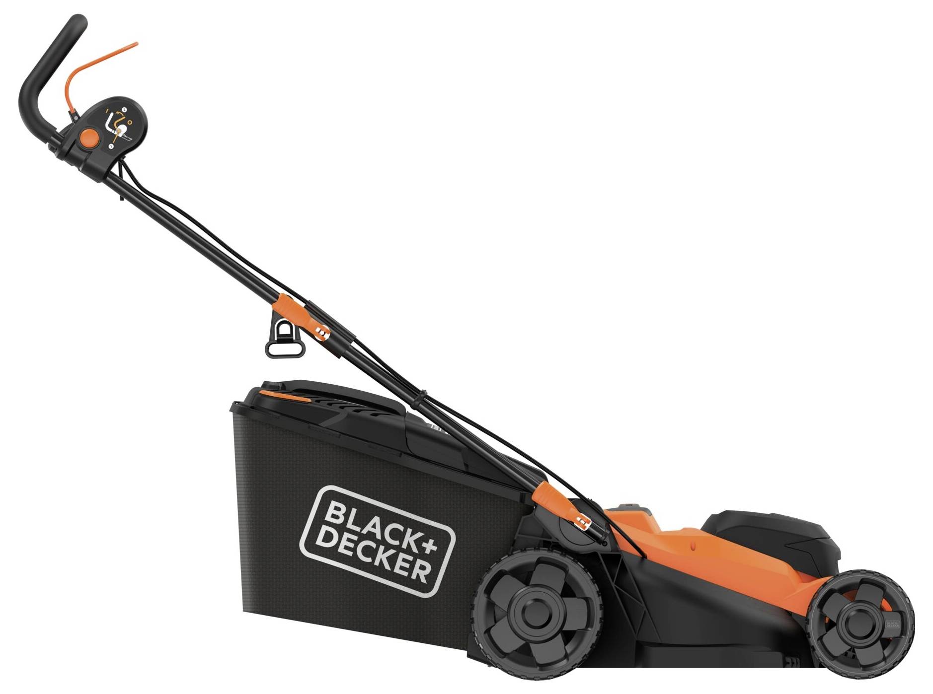 Ein orange-schwarzer elektrischer Rasenmäher mit „Black + Decker