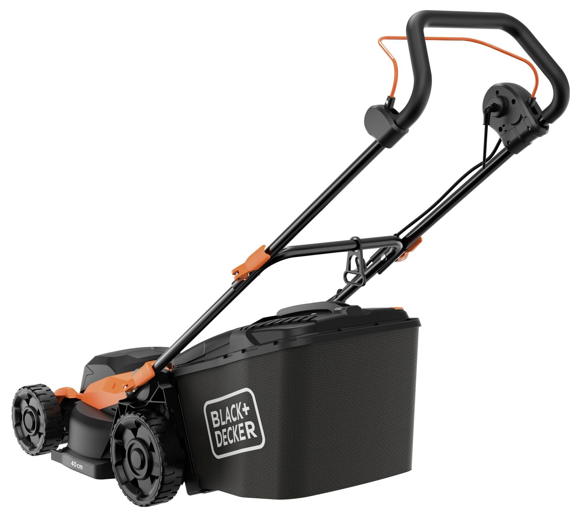 Ein Rasenmäher von Black & Decker mit schwarzem und orangefarbenem Design, ausgestattet mit einem großen Grassammelkorb und verstellbarem Griff.