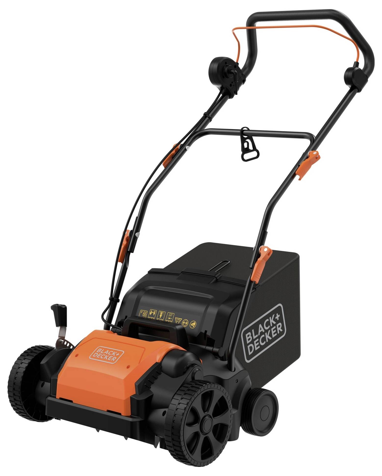 Ein elektrisches Rasen-Belüftungs- und Vertikutiergerät von BLACK+DECKER mit verstellbarem Griff, schwarzem und orangefarbenem Design und Grassammelbox.