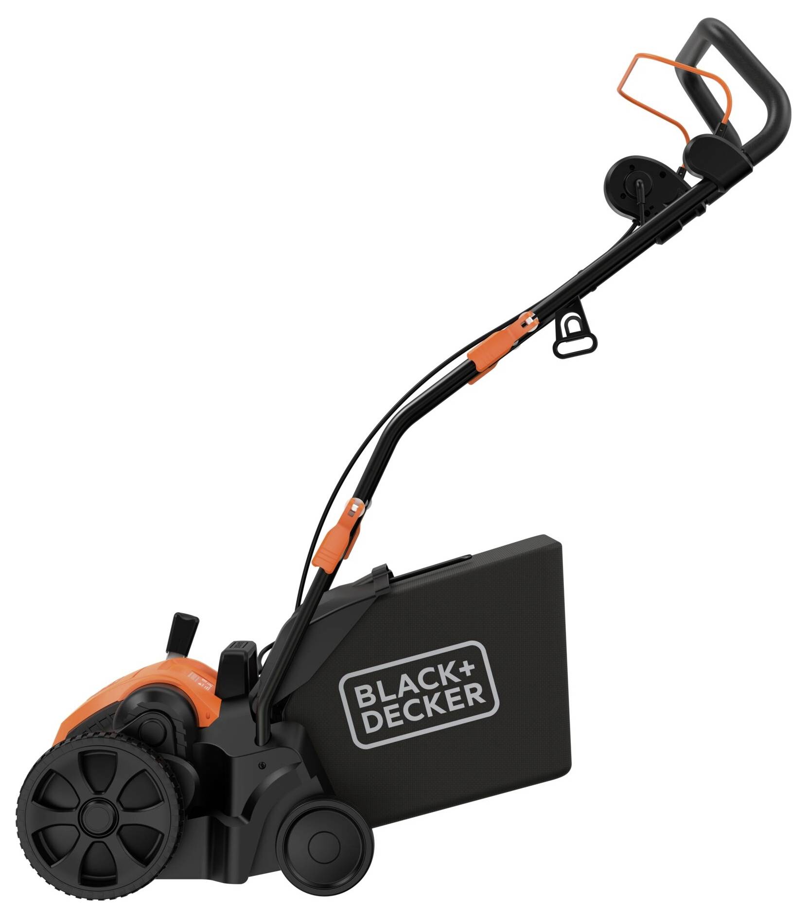 Ein Black+Decker Elektrorasenkantenschneider mit orangefarbenem Griff und schwarzem Gehäuse, entworfen für präzise Rasentrimmungs- und Kantenschneidaufgaben.