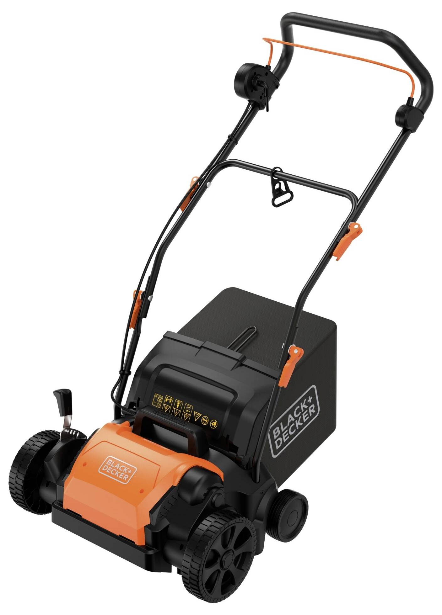 Rasenmäher mit schwarzem Gehäuse, orangefarbenen Akzenten und Grasfangkorb. Marke: Black & Decker.