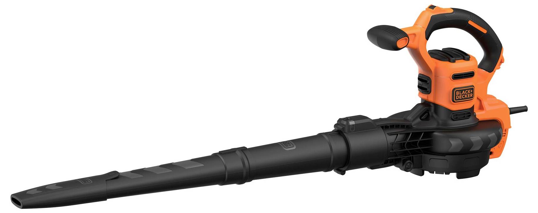 Black and Decker Laubgebläse; orange-schwarzes Design mit ergonomischem Griff, geeignet zum Entfernen von Laub und Schmutz in Gärten oder auf Einfahrten.